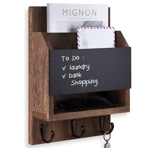 Lucundm Key and Mail Holder for Wall, Key Holder with Chalkboard and Long Storage Box, Key Hanger with 3 Sturdy Hooks for Coat, Dog Leash, Entryway Mail Organizer (Brown) - Image 1