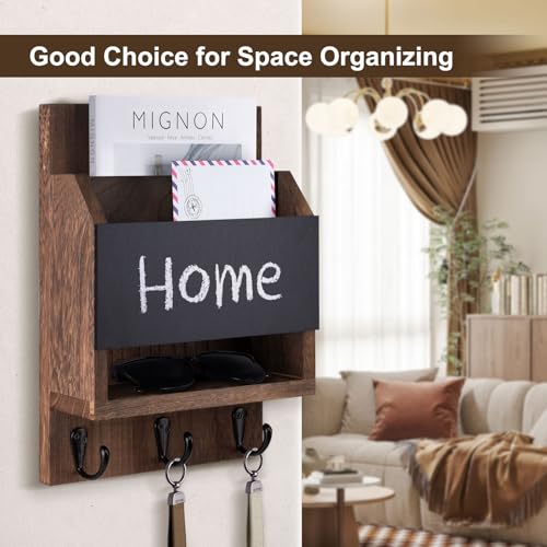 Lucundm Key and Mail Holder for Wall, Key Holder with Chalkboard and Long Storage Box, Key Hanger with 3 Sturdy Hooks for Coat, Dog Leash, Entryway Mail Organizer (Brown) - Image 2
