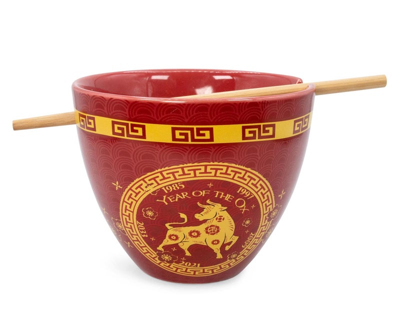 Boom Trendz Boom Trendz Year Of The Ox Chinese Zodiac Ceramic Dinnerware Set | Includes 16-Ounce Ramen Noodle Bowl and Wooden Chopsticks Asian Food Dish For Home & Kitchen Kawaii Lunar New Gifts red One Size  - Image 1