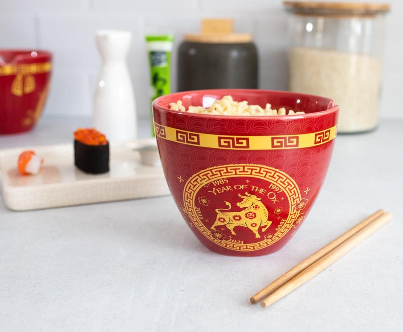 Boom Trendz Boom Trendz Year Of The Ox Chinese Zodiac Ceramic Dinnerware Set | Includes 16-Ounce Ramen Noodle Bowl and Wooden Chopsticks Asian Food Dish For Home & Kitchen Kawaii Lunar New Gifts red One Size  - Image 4