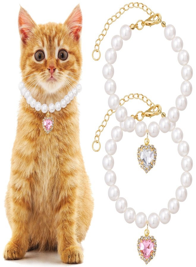 Mxxipp 2pcs Cat Dog Pearl Collar, Small Heart Shape Rhinestone Pet Necklace, Adjustable Wedding Party Pet Jewelry Accessories for Puppy Small Cats- White & Pink - Image 1
