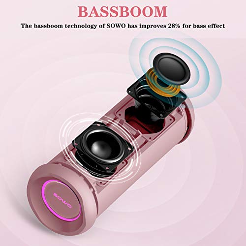 SOWO Outdoor Wireless Portable Bluetooth Speaker, IPX7 Waterproof Speaker, 25W Loud Sound, Bassboom Technology, TWS Pairing, 16H Playtime with Lights - Pink - Image 2