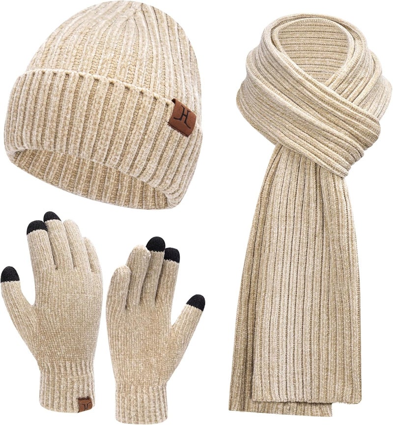 AQOTHES Womens Winter Knit Warm Hat Beanie Long Scarf Touch Screen Gloves Set Skull Caps Neck Scarves for Women - Image 1