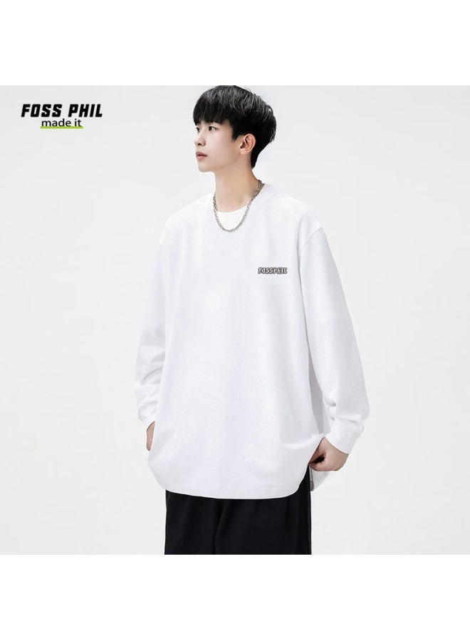 Foss Phil Men's Long Sleeve T-shirt Spring And Autumn Fashion Brand Round Neck Casual Loose-fit Cotton Base Shirt Fpct1 White 2XL - Image 5
