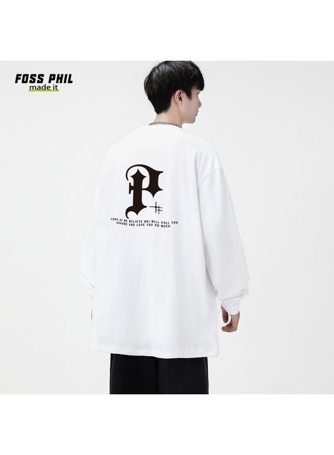 Foss Phil Men's Long Sleeve T-shirt Spring And Autumn Fashion Brand Round Neck Casual Loose-fit Cotton Base Shirt Fpct1 White 2XL - Image 1