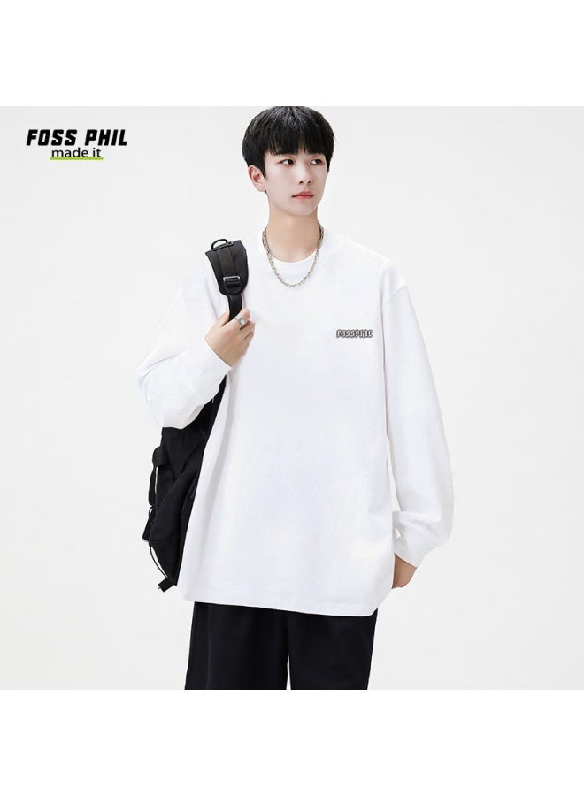 Foss Phil Men's Long Sleeve T-shirt Spring And Autumn Fashion Brand Round Neck Casual Loose-fit Cotton Base Shirt Fpct1 White 2XL - Image 4