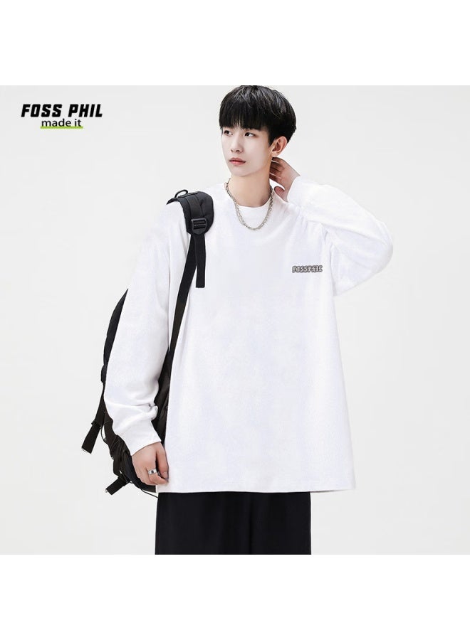 Foss Phil Men's Long Sleeve T-shirt Spring And Autumn Fashion Brand Round Neck Casual Loose-fit Cotton Base Shirt Fpct1 White 2XL - Image 2
