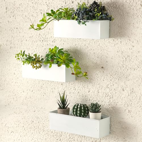 LáLáGreen LaLaGreen Wall Planter (3 Pack, 14 Inch) Large Wall Mount Planters for Succulent White, Rectangular Metal Hanging Flower Pot, Long Window Boxes Fence Railings Rustic Floating Shelve Indoor Outdoor - Image 1
