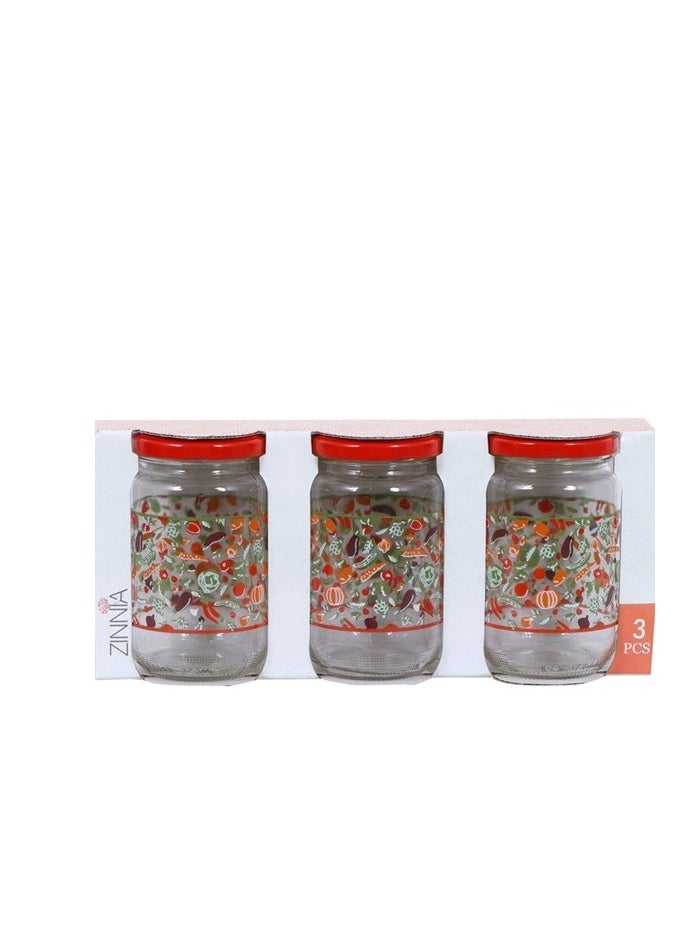 Zinnia Spanish 3 Pieces Set Glass Jar 370 Ml Blue Lid Decorated With Modern Colors  - Image 1