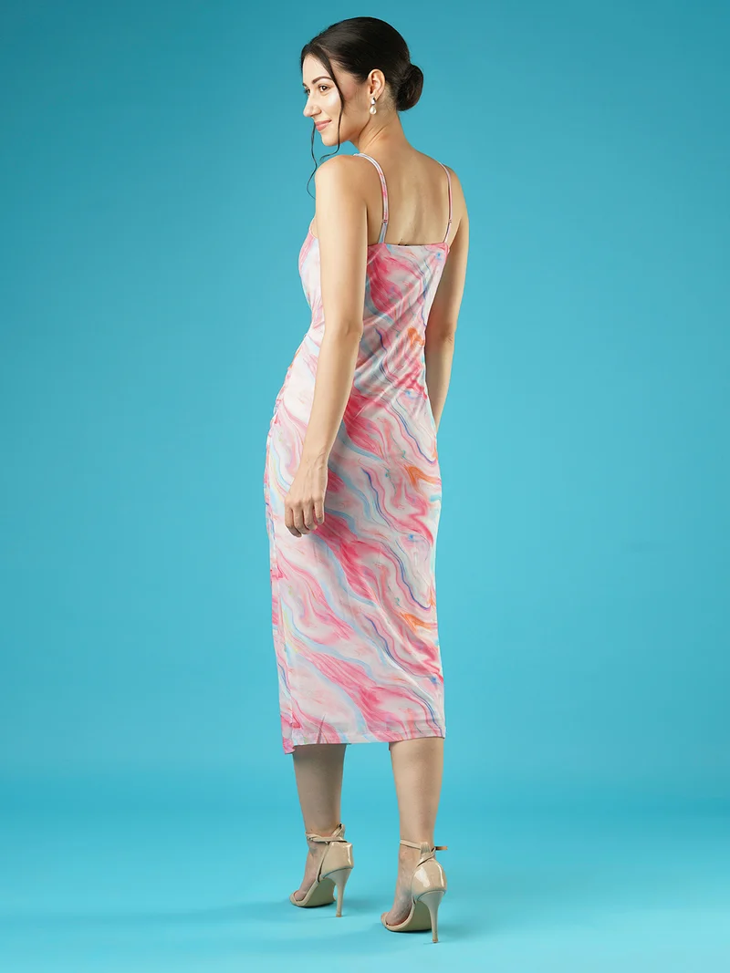 globus Women Abstract Print Square Neck Strappy Shoulder Ruched Midi Bodycon Party Dress