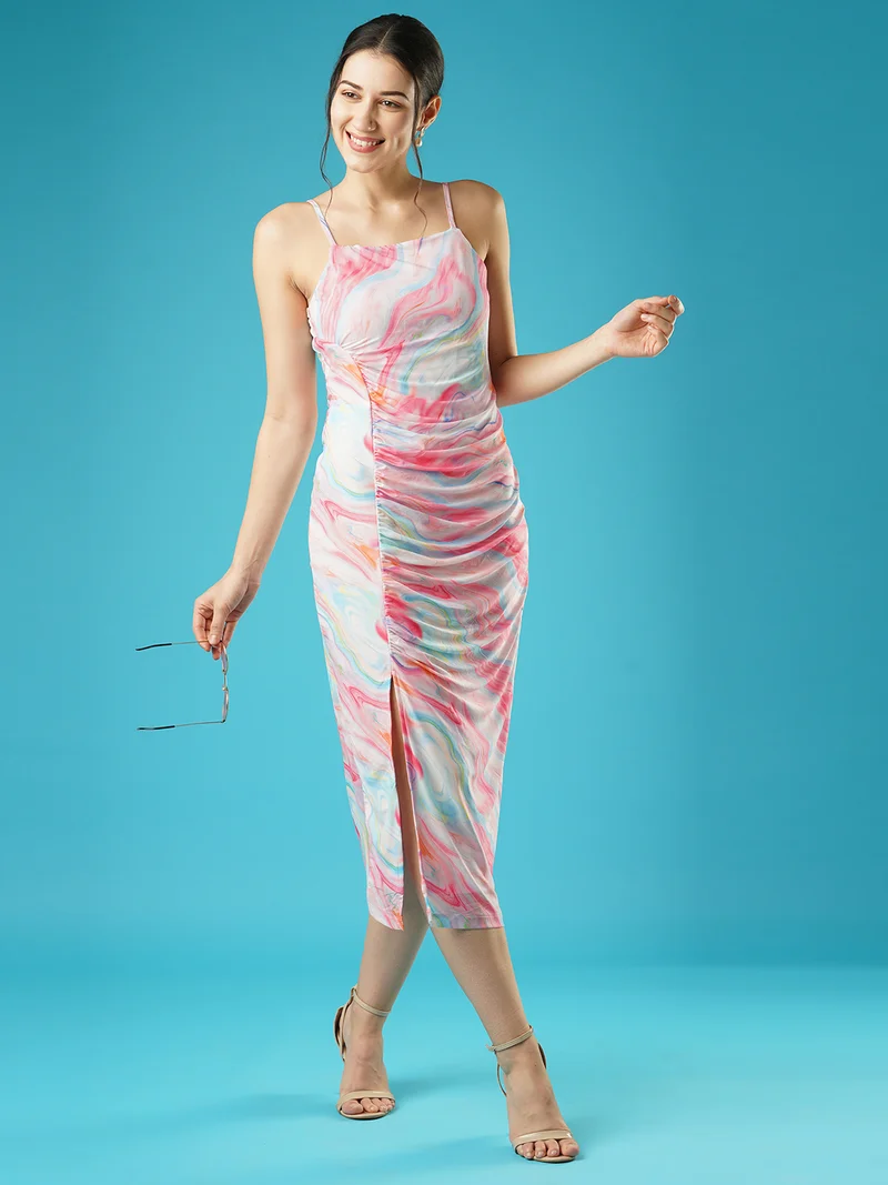 globus Women Abstract Print Square Neck Strappy Shoulder Ruched Midi Bodycon Party Dress