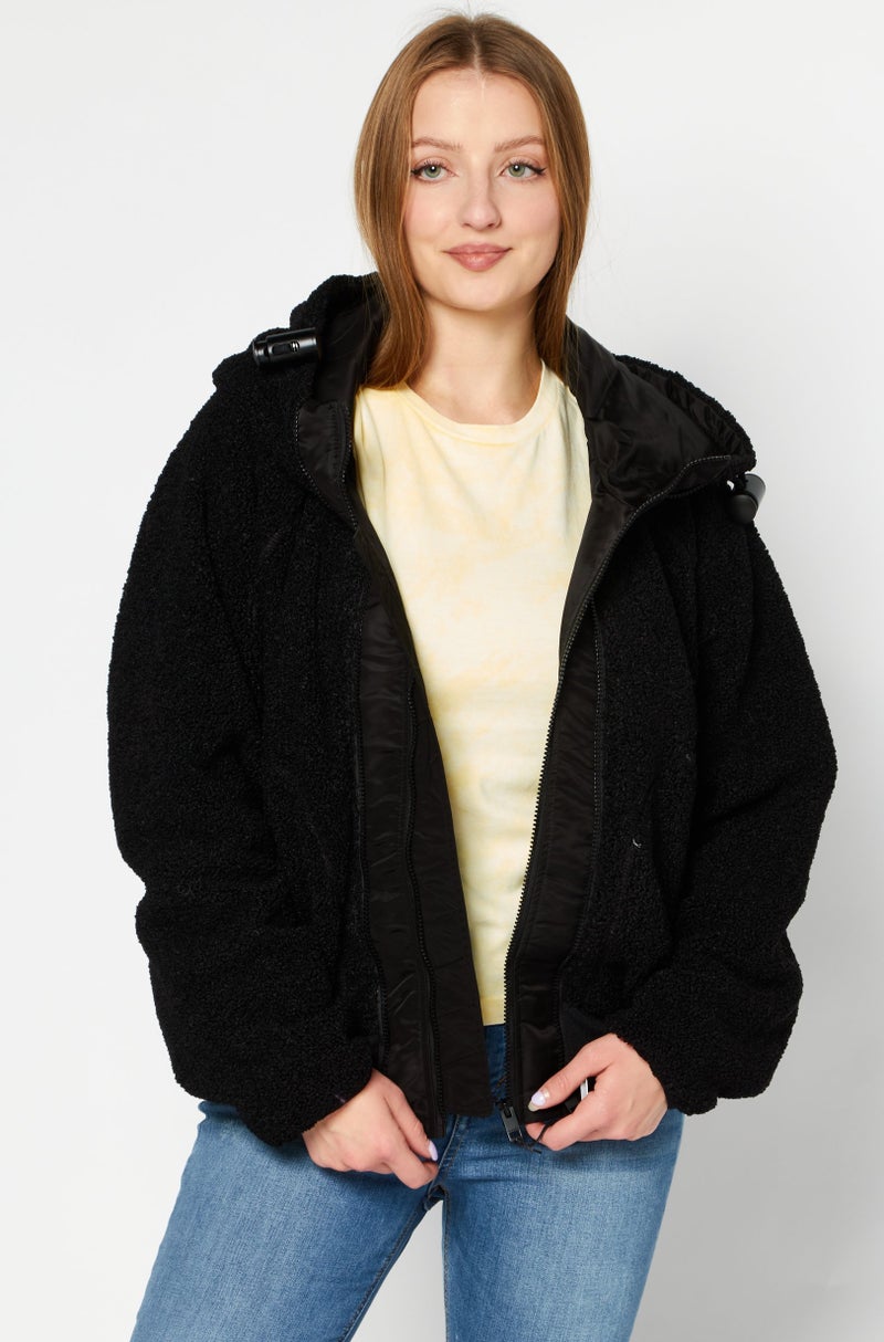 DIESEL Women Textured Hooded Jackets, Black - Image 1