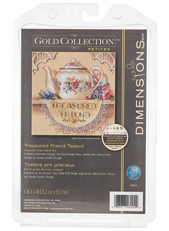 Dimensions Gold Collection Counted Cross Stitch Kit, Treasured Friend Teapot, 18 Count Beige Aida, 6'' x 6'' - Image 1
