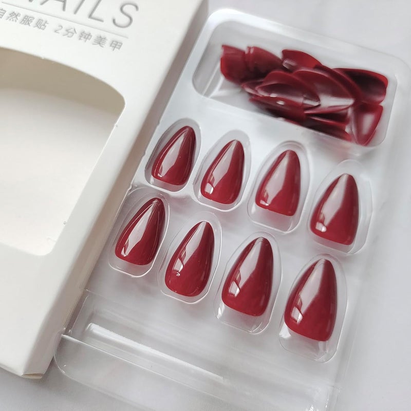 WULIUFLY Wet anti slip Fall Almond Press on Nails - Medium Burgundy Acrylic, Solid Color, Glue on, Press ons, Autumn, Thanksgiving Stick on Nails for Women's Manicure Decorations Diverse requirement fit - Image 4