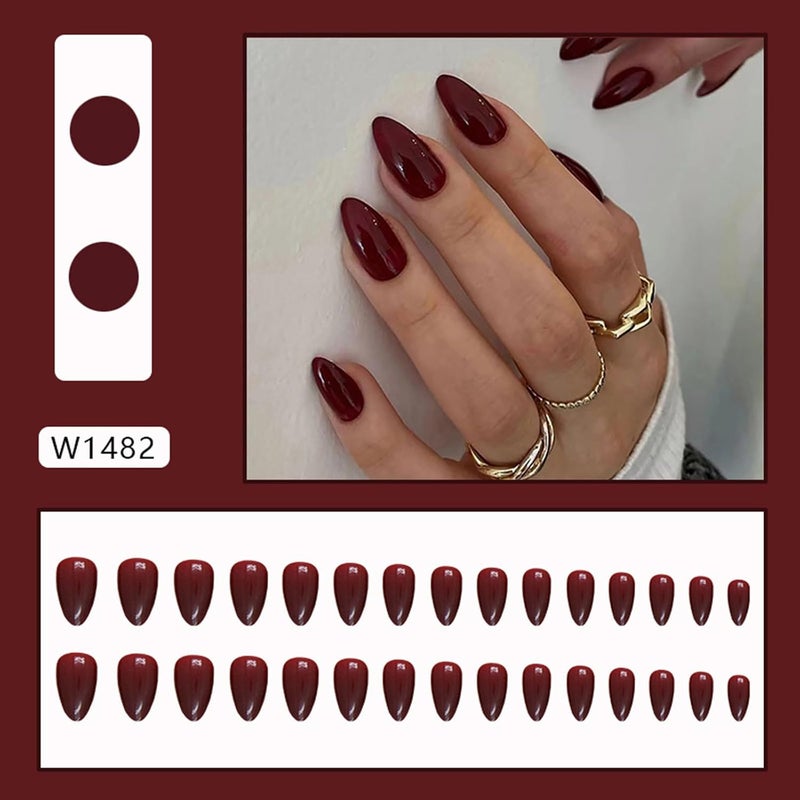 WULIUFLY Wet anti slip Fall Almond Press on Nails - Medium Burgundy Acrylic, Solid Color, Glue on, Press ons, Autumn, Thanksgiving Stick on Nails for Women's Manicure Decorations Diverse requirement fit - Image 2