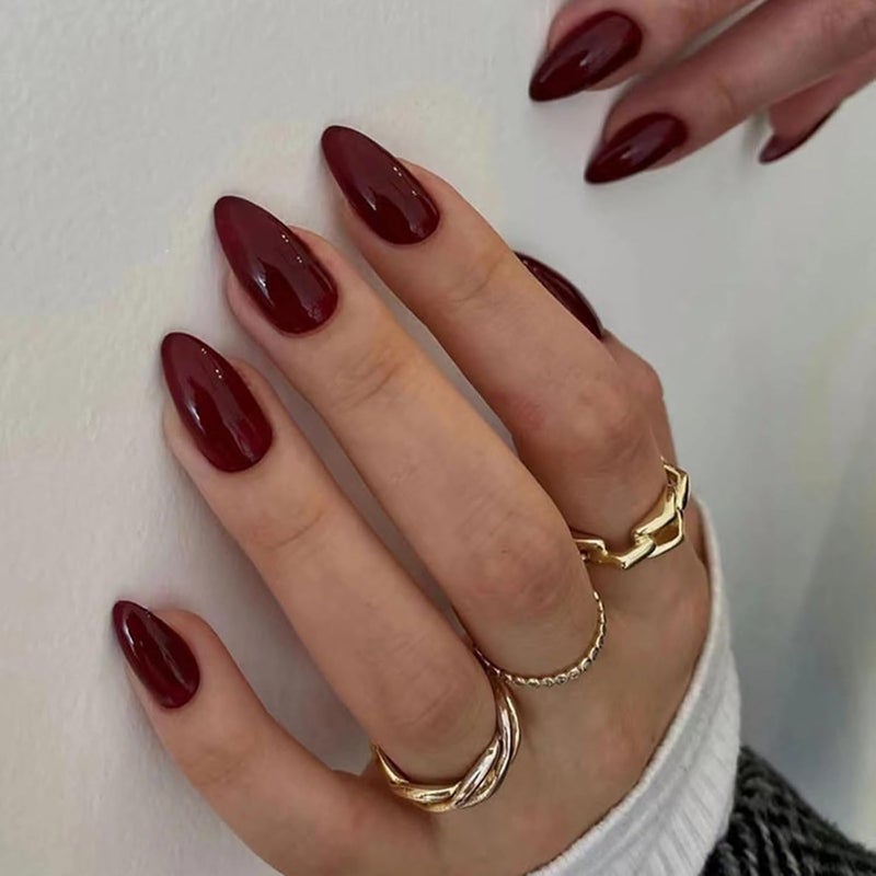 WULIUFLY Wet anti slip Fall Almond Press on Nails - Medium Burgundy Acrylic, Solid Color, Glue on, Press ons, Autumn, Thanksgiving Stick on Nails for Women's Manicure Decorations Diverse requirement fit - Image 1