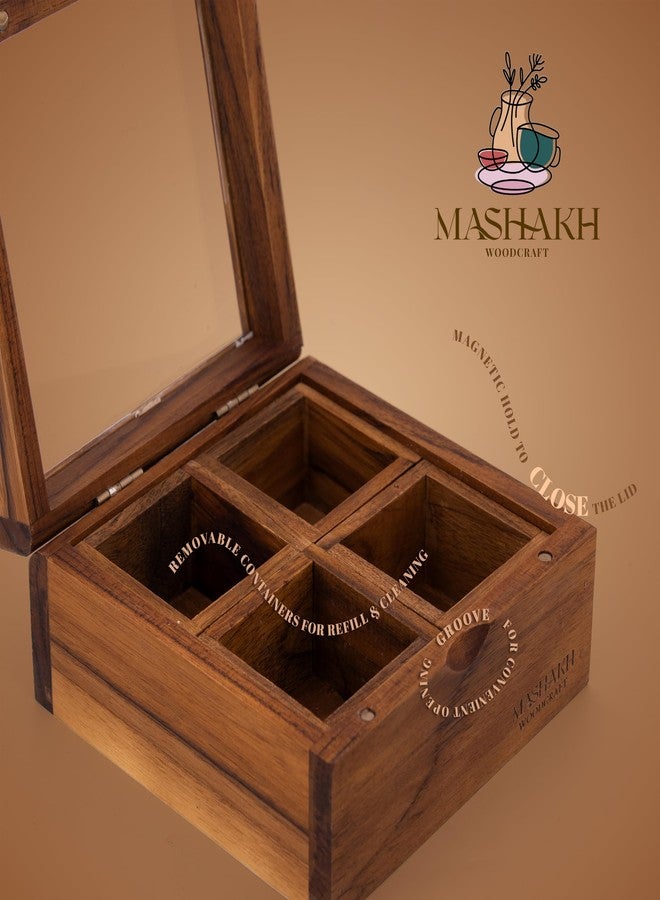 MASHAKH علبة توابل فاخرة من خشب الساج من ماشاك وودكرافت مع غطاء أكريليك شفاف | علبة ماسالا خشبية كبيرة للمطبخ | ماسالا داني | حاوية توابل كبيرة - تشطيب طبيعي (6 أقسام 23.6 × 16.6 × 8.5 سم) - Image 3