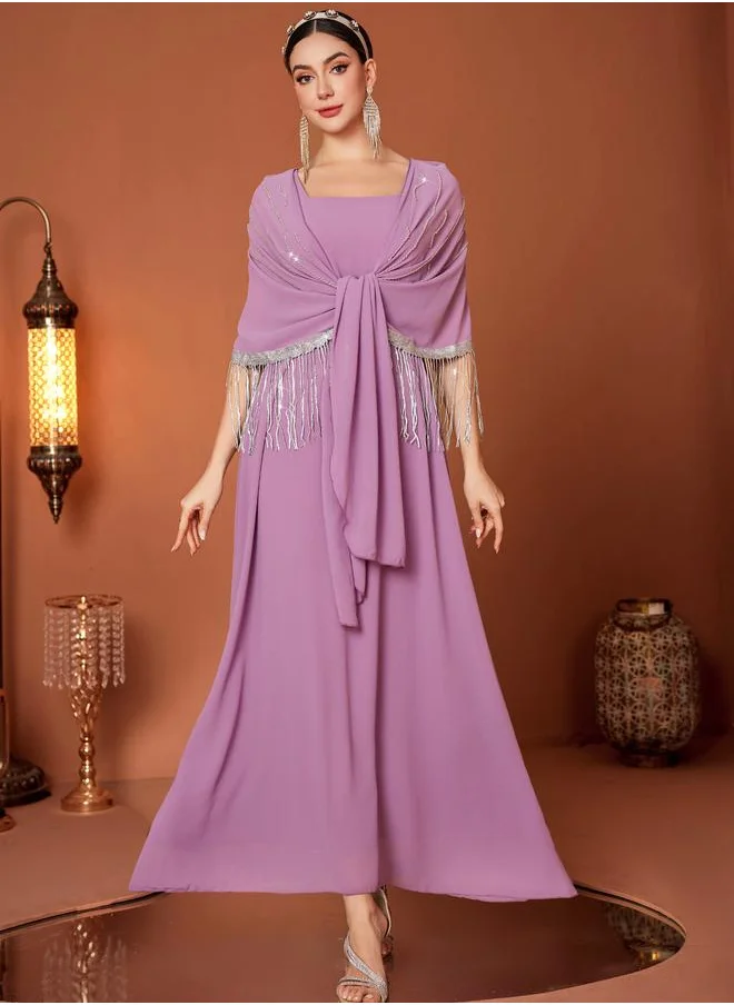 تايك تو Take Two Tassel Drop Cape Sleeve with Tie-Up Maxi Dress