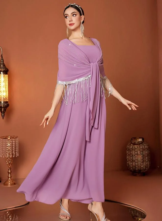 Take Two Take Two Tassel Drop Cape Sleeve with Tie-Up Maxi Dress