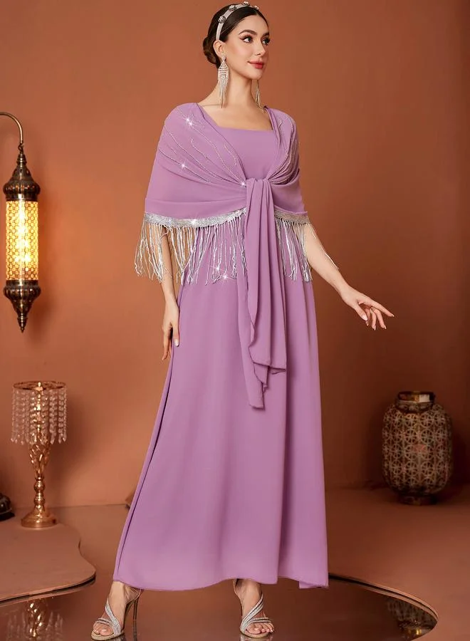 Take Two Take Two Tassel Drop Cape Sleeve with Tie-Up Maxi Dress