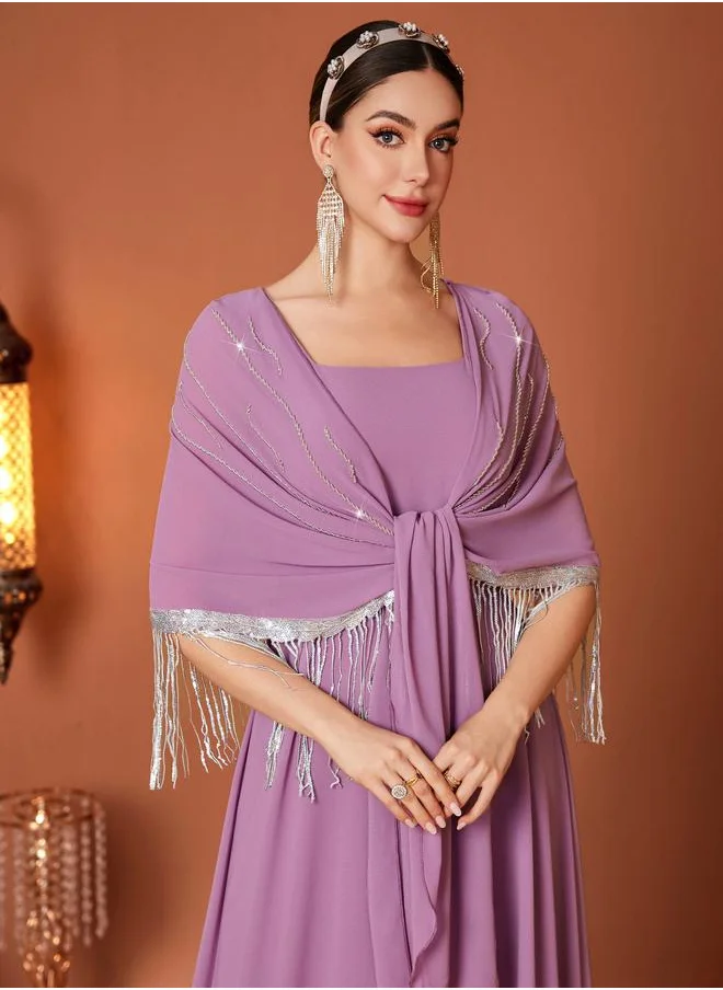 تايك تو Take Two Tassel Drop Cape Sleeve with Tie-Up Maxi Dress