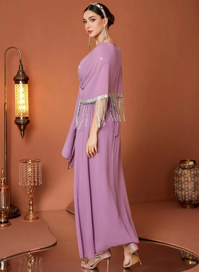 Take Two Take Two Tassel Drop Cape Sleeve with Tie-Up Maxi Dress
