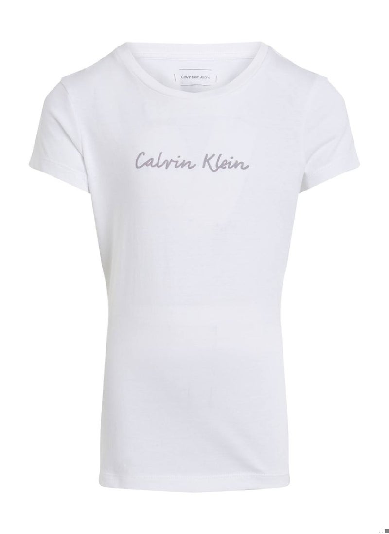 Calvin Klein Jeans Girls' Script Logo Slim Fit T-Shirt - Cotton, White  - Image 1