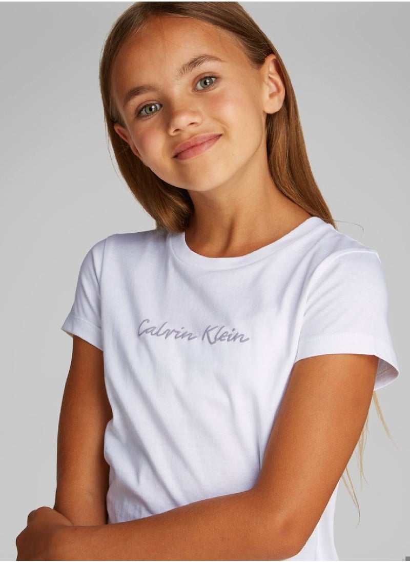 Calvin Klein Jeans Girls' Script Logo Slim Fit T-Shirt - Cotton, White  - Image 3