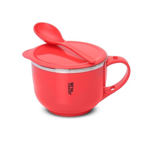 Jaypee Plus Stainless Steel Soup Bowl with Lid & Spoon Holder Souptok, Maggi Bowl Noodles Pasta Bowl, Best Diwali Gift, Mug for Kids, Girls, Boys, Birthday, Red - Image 1