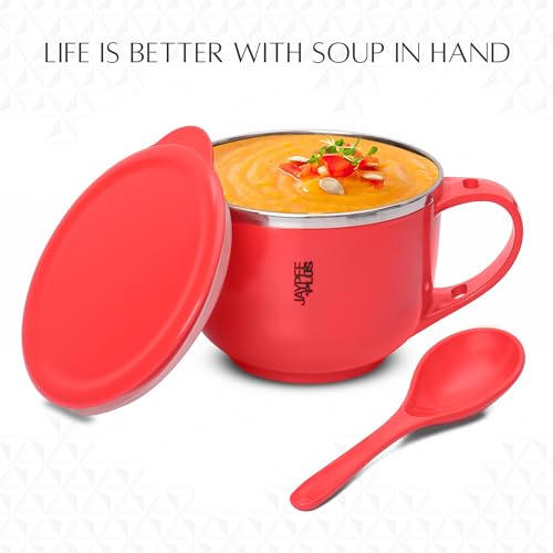 Jaypee Plus Stainless Steel Soup Bowl with Lid & Spoon Holder Souptok, Maggi Bowl Noodles Pasta Bowl, Best Diwali Gift, Mug for Kids, Girls, Boys, Birthday, Red - Image 3