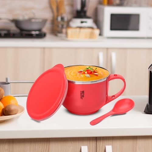 Jaypee Plus Stainless Steel Soup Bowl with Lid & Spoon Holder Souptok, Maggi Bowl Noodles Pasta Bowl, Best Diwali Gift, Mug for Kids, Girls, Boys, Birthday, Red - Image 2