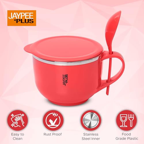 Jaypee Plus Stainless Steel Soup Bowl with Lid & Spoon Holder Souptok, Maggi Bowl Noodles Pasta Bowl, Best Diwali Gift, Mug for Kids, Girls, Boys, Birthday, Red - Image 5