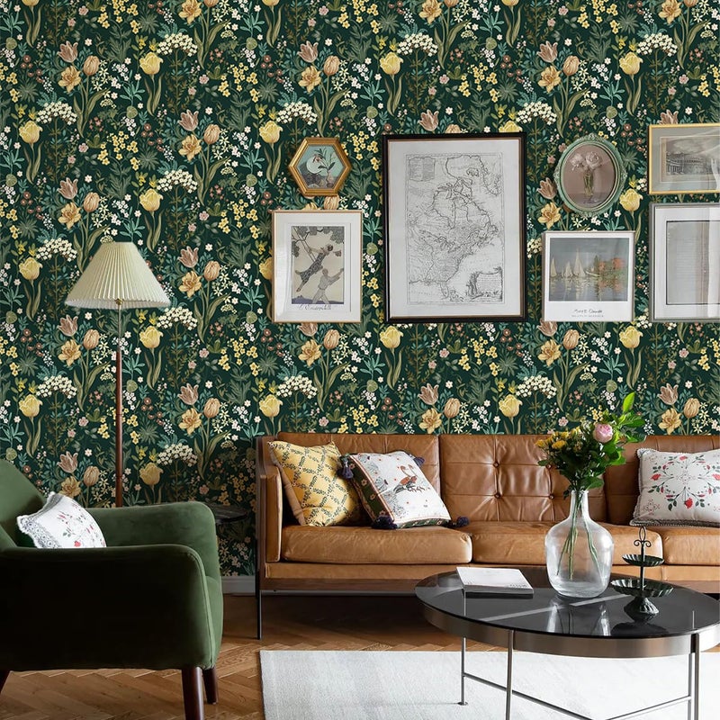 Lativo Floral Peel and Stick Wallpaper Vintage Floral 78.7inL17.3inW Contact Paper for Cabinets Drawers Liner Boho Contact Paper Dark Green Leaf Flower Removable Self Adhesive Wallpaper for Bedroom - Image 3