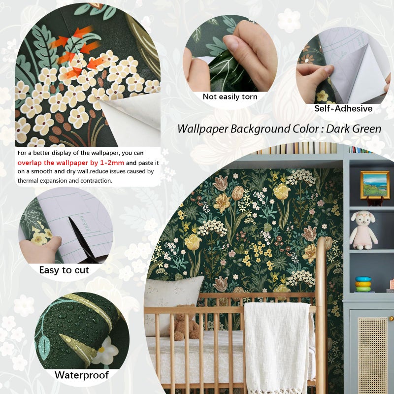 Lativo Floral Peel and Stick Wallpaper Vintage Floral 78.7inL17.3inW Contact Paper for Cabinets Drawers Liner Boho Contact Paper Dark Green Leaf Flower Removable Self Adhesive Wallpaper for Bedroom - Image 2