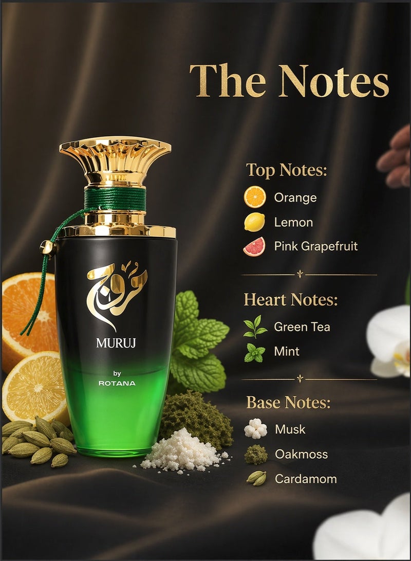 Rotana Perfumes Muruj Unisex Perfume 100ml | Long Lasting Eau De Parfum | Orange, Lemon, Pink Grapefruit, Green Tea, Mint, Musk, Oakmoss & Cardamom | Fresh Citrus Luxury Fragrance UAE - Image 2