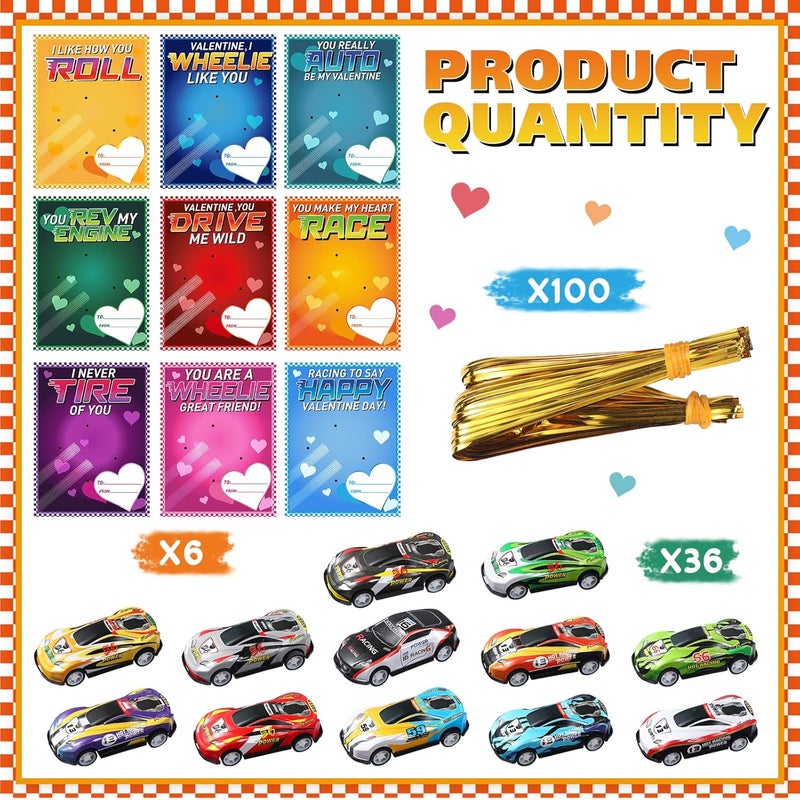 klarako 36 Pieces Valentine's Day Cards Kids Race Cars Valentines Exchange Cards Funny Valentine's Greeting Cards with Pull Back Cars for Kids Classroom School Prize Party Favors - Image 3