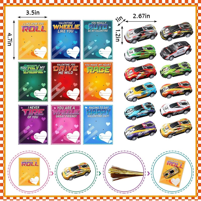klarako 36 Pieces Valentine's Day Cards Kids Race Cars Valentines Exchange Cards Funny Valentine's Greeting Cards with Pull Back Cars for Kids Classroom School Prize Party Favors - Image 2