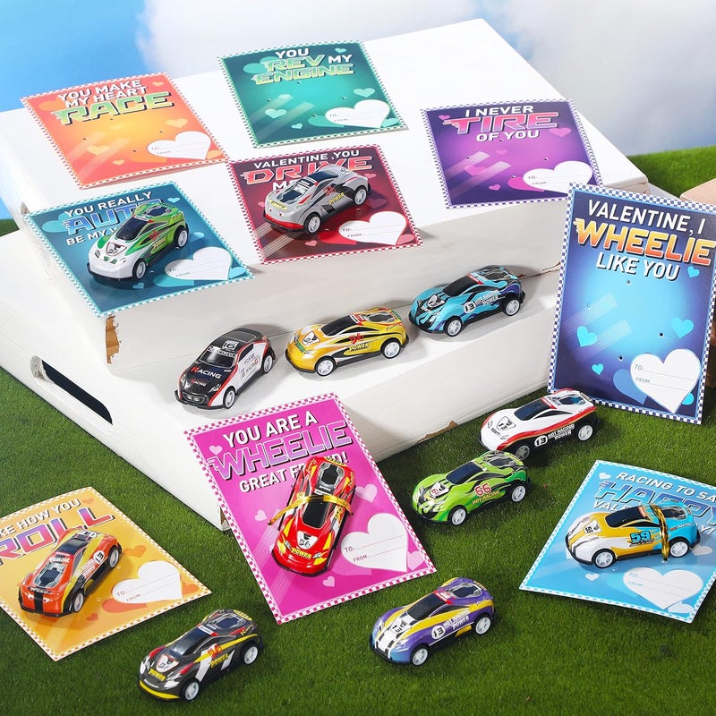 klarako 36 Pieces Valentine's Day Cards Kids Race Cars Valentines Exchange Cards Funny Valentine's Greeting Cards with Pull Back Cars for Kids Classroom School Prize Party Favors - Image 4