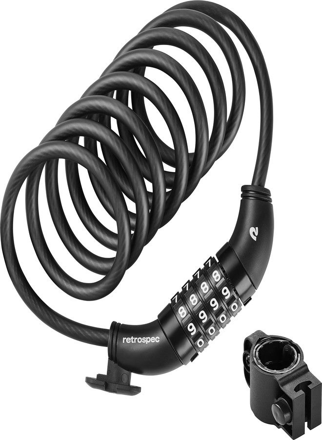 Retrospec Grizzly Plus Cable Bike Combination Lock Combo, Heavy Duty Anti Theft Bicycle Cable Lock, 6 Foot Coiled Cut Resistant Cable with 5 Digit Custom Combination and Mounting Bracket - Image 1