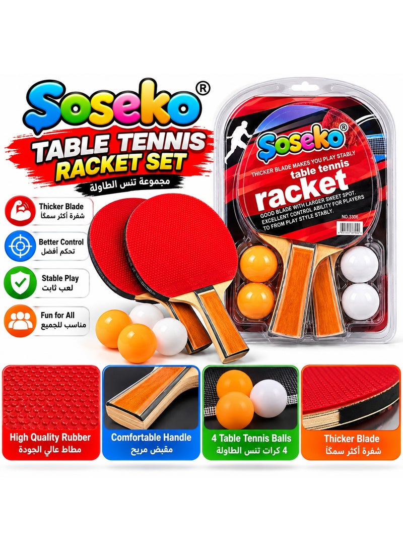 Soseko Table Tennis Racket Set - 2 Ping Pong Paddles with 4 Balls for Indoor Family Game - Image 2