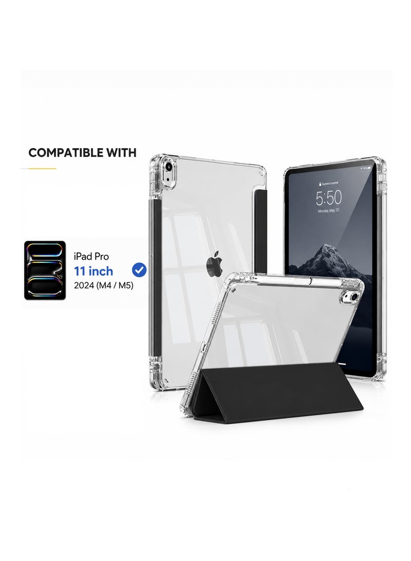 Premium Acrylic Clear Case for iPad Pro 11 Inch 2024 (M4 / M5) – Anti-Bend Shockproof Smart Folio Stand Cover with Auto Sleep Wake & Pencil Support - black