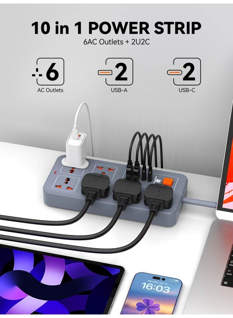 Rock Pow 5 meters Universal Extension Lead with Multiple Function UK Plug 3 Pin Socket Outlet with 6 Gang 2 USB Port 2 Type-C Port 5M Electric Socket Mains Strip for Home Kitchen and Office 5 meters - Image 4