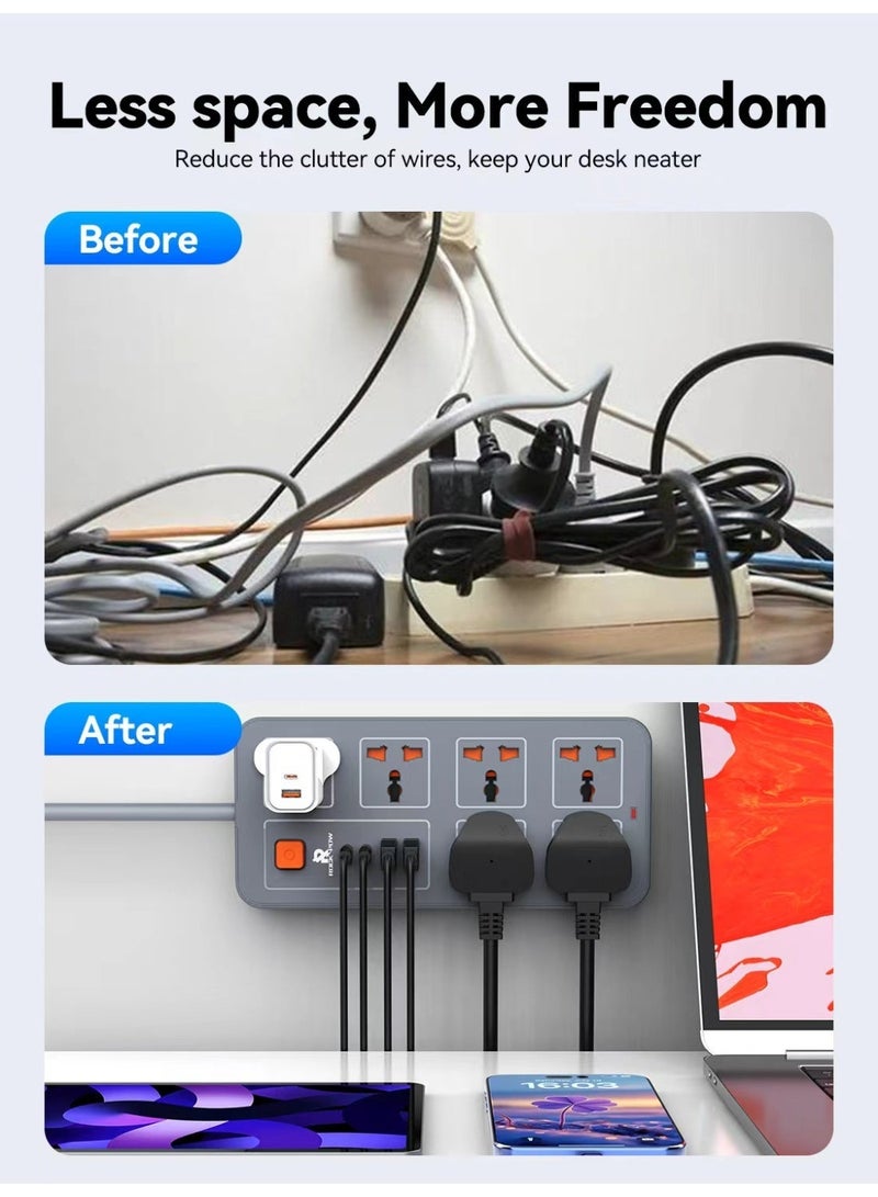 Rock Pow 5 meters Universal Extension Lead with Multiple Function UK Plug 3 Pin Socket Outlet with 6 Gang 2 USB Port 2 Type-C Port 5M Electric Socket Mains Strip for Home Kitchen and Office 5 meters - Image 3