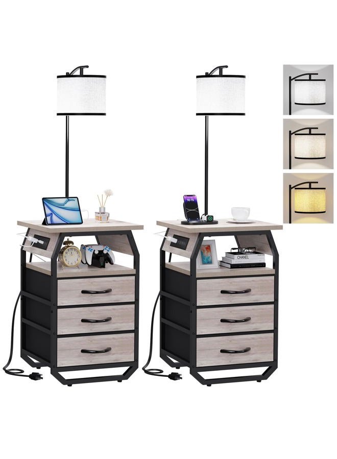runjuly Floor Lamp with Table Set of 2, Night Stand with Lamps Attached 3-Color Temperature Bulb, End Tables with 3 Drawers & Charging, Lamp Table Combo for Bedroom, Living Room, Dorm - Greige - Image 1