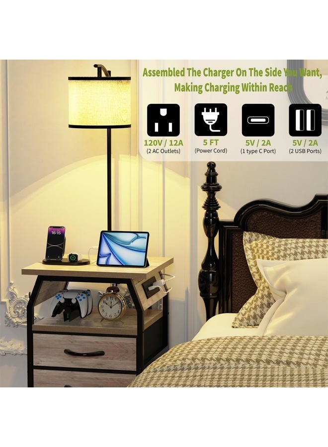 runjuly Floor Lamp with Table Set of 2, Night Stand with Lamps Attached 3-Color Temperature Bulb, End Tables with 3 Drawers & Charging, Lamp Table Combo for Bedroom, Living Room, Dorm - Greige - Image 5