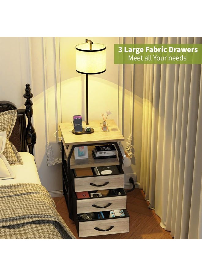 runjuly Floor Lamp with Table Set of 2, Night Stand with Lamps Attached 3-Color Temperature Bulb, End Tables with 3 Drawers & Charging, Lamp Table Combo for Bedroom, Living Room, Dorm - Greige - Image 3