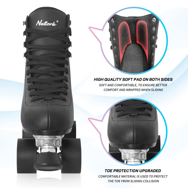 Nattork Roller Skates for Women, PU Leather High-top Quad Skates for Beginner, Indoor Outdoor Double-Row Skates for Adults - Black - Image 5