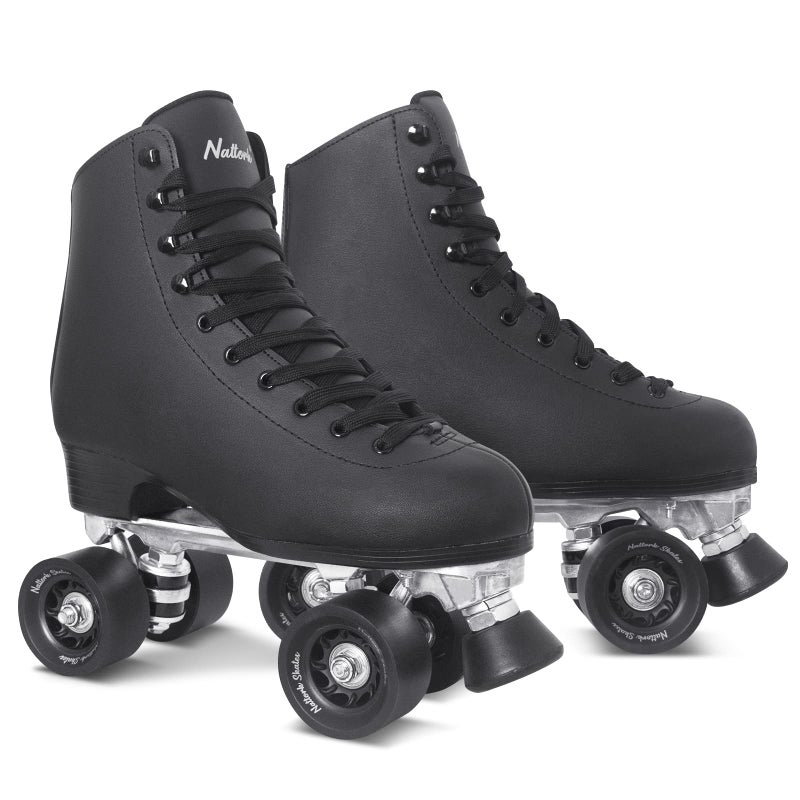 Nattork Roller Skates for Women, PU Leather High-top Quad Skates for Beginner, Indoor Outdoor Double-Row Skates for Adults - Black - Image 2