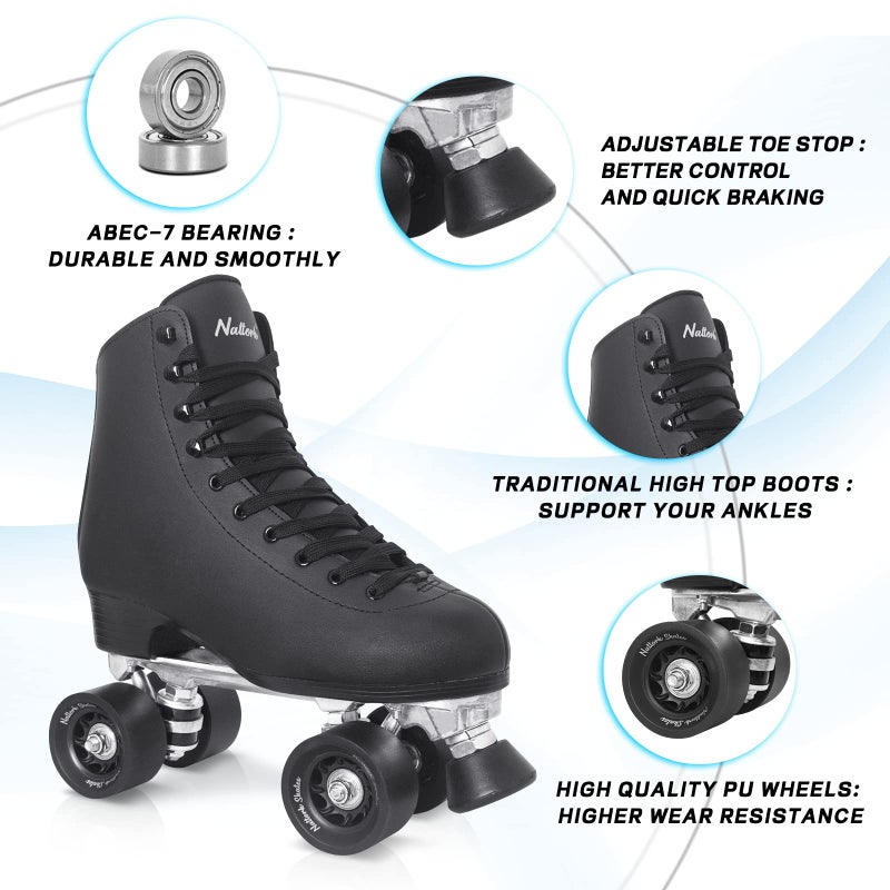 Nattork Roller Skates for Women, PU Leather High-top Quad Skates for Beginner, Indoor Outdoor Double-Row Skates for Adults - Black - Image 4