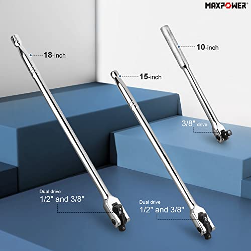 MAXPOWER 3Pcs Breaker Bar Set, Included 15 inch and 18 inch Breaker Bar with Dual Drive 1/2" and 3/8", 1/2" drive Short Bar 10" - Image 2